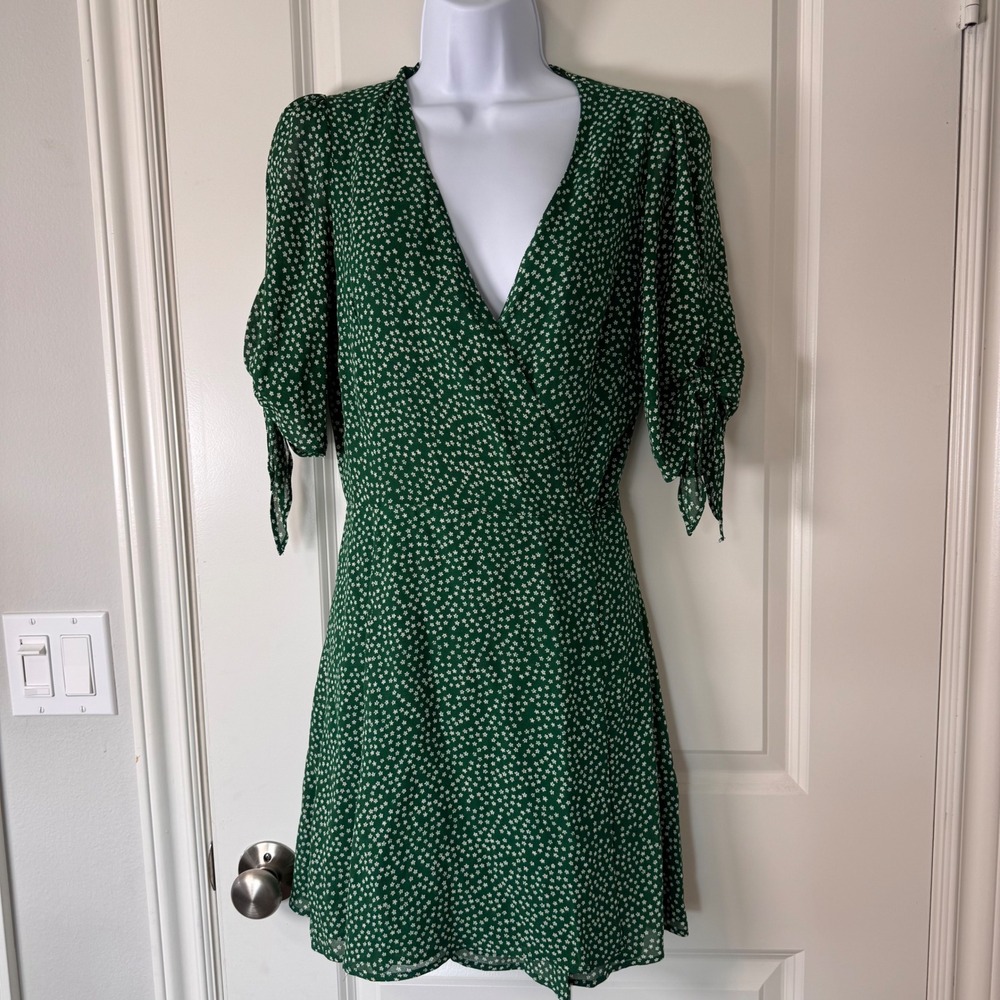 Reformation Sammy Green Floral Print Wrap Mini Dress Short Tie Sleeve Womens S